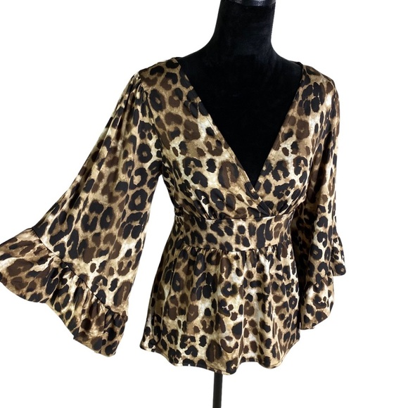 Betsey Johnson Tops - Betsey Johnson leopard surplice bell sleeve blouse mob wife aesthetic size small